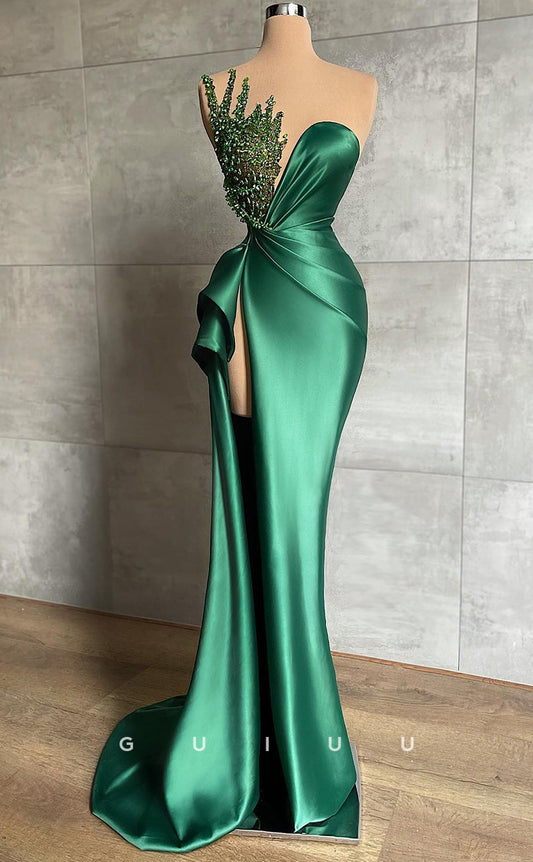 G2572 - Chic & Modern Beaded Strapless Ruched Long Prom Evening Dresses With Slit