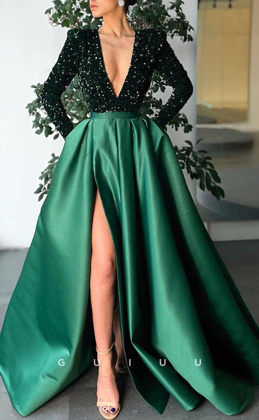 G2576 - Chic & Modern A-Line V-Neck Sequins Satin Formal Prom Evening Dress