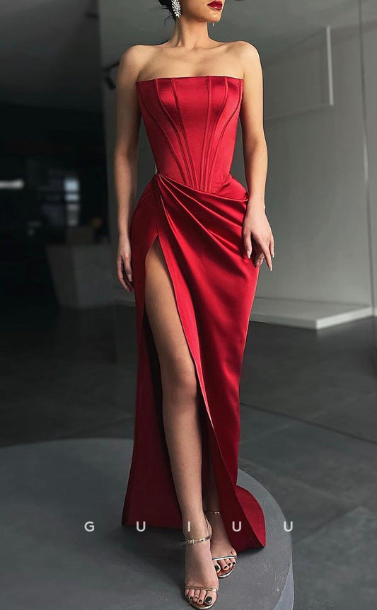 G2601 - Sexy & Hot Red Strapless Satin Ruched Long Prom Evening Dresses