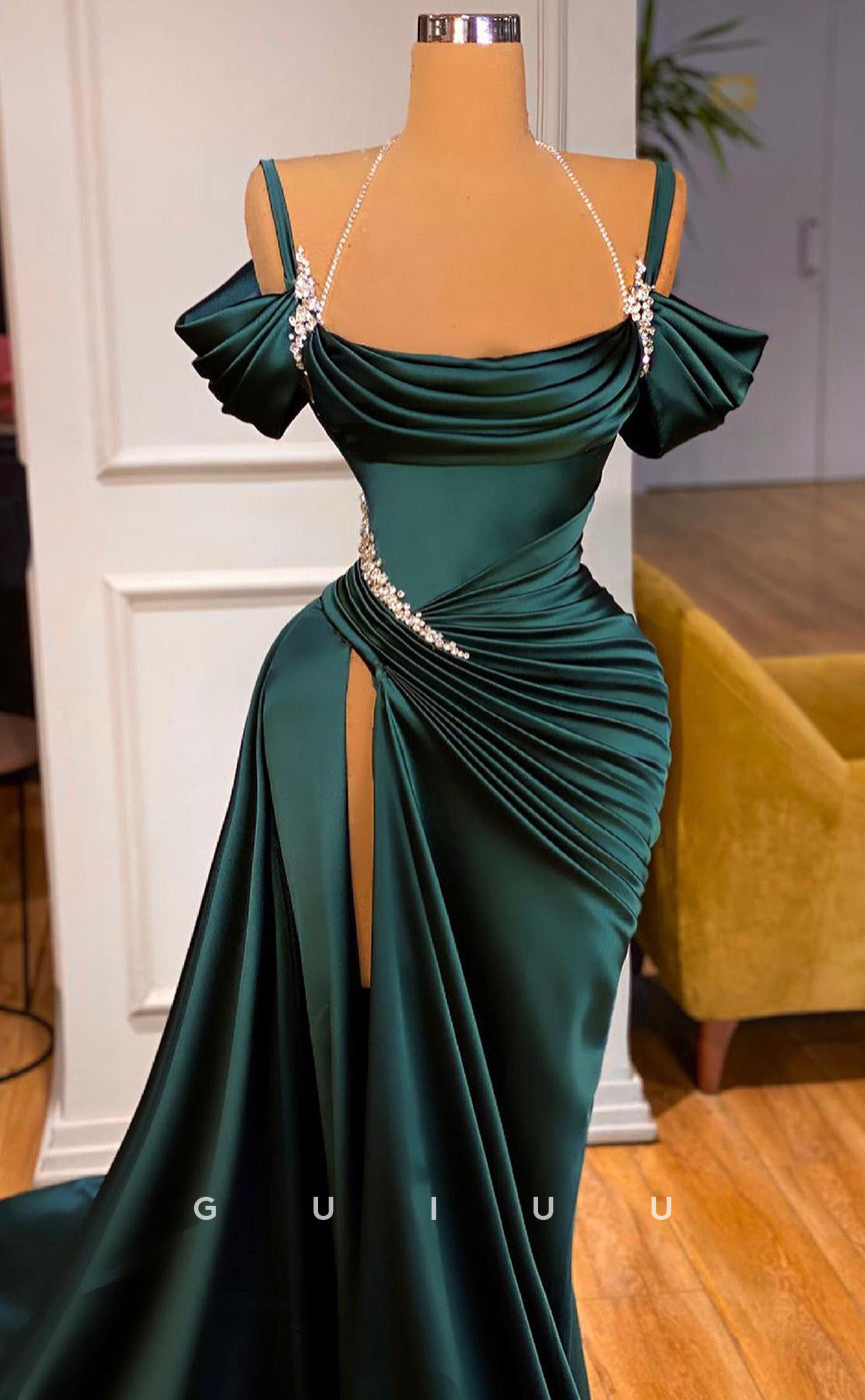 G2605 - Elegant & Luxurious Beaded Straps Ruched Satin Prom Evening Dress With Train