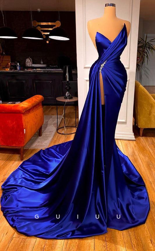 G2612 - Chic & Modern Satin Asymmetrical Strapless Ruched Prom Evening Party Dress With Train