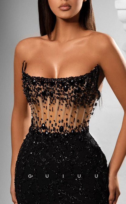 G2665 - Sexy & Fitted Black Strapless Beaded Sheer Long Prom Evening Party Dress