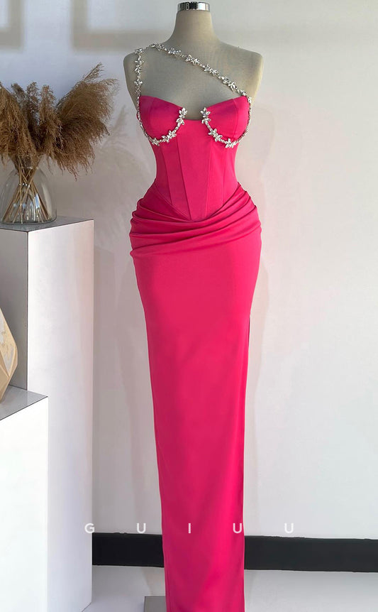 G2720 - Chic & Modern Beaded Straps Ruched Hot Pink Long Porm Evening Dress