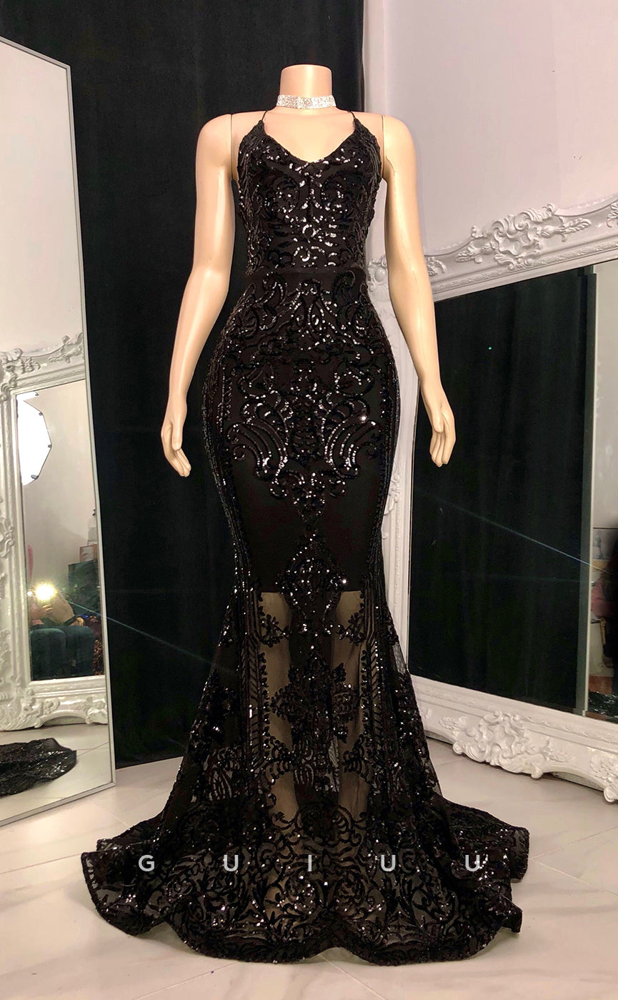 G2758 - Sexy & Sheath Glitter V-Neck Sequins Sheer Straps Long Prom Evening Dress