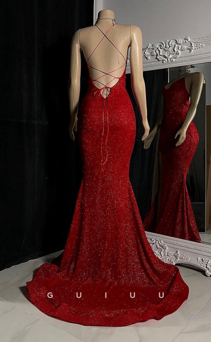 G2765 - Chic & Modern Fitted Glitter Sequins Straps Red Long Prom Evening Dress