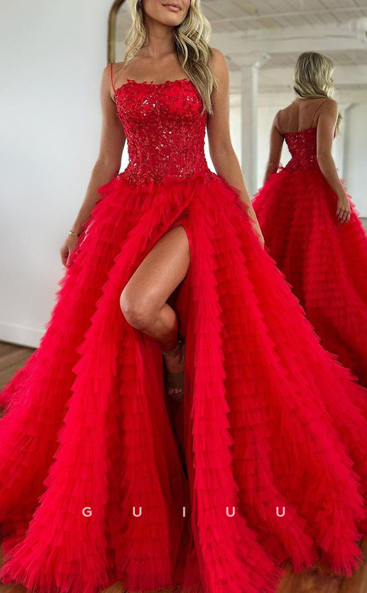 G2776 - Chic & Modern A-Line Ball Gown Sequins Straps Red Prom Evening Dress
