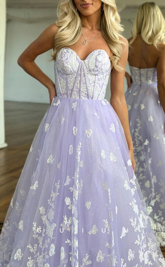 G2777 - Elegant A-Line Glitter Strapless Applique Tulle Long Prom Evening Dress