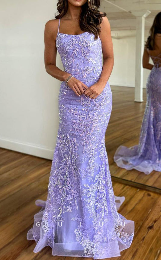 G2778 - Chic & Modern Mermaid Applique Straps Lavender Prom Evening Dress
