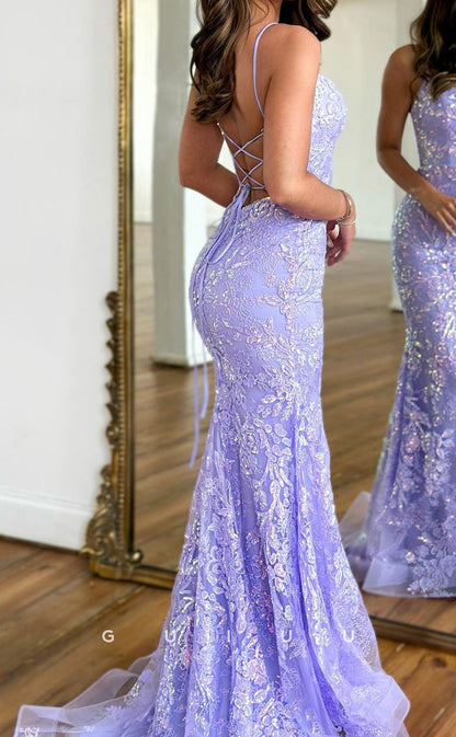 G2778 - Chic & Modern Mermaid Applique Straps Lavender Prom Evening Dress