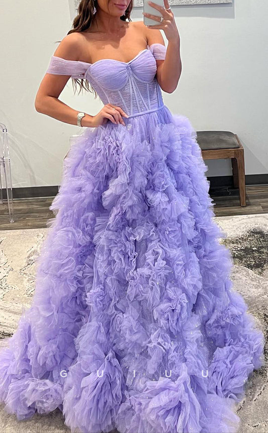 G2780 - Chic & Modern Off-Shoulder Glitter Tulle Ball Gown Long Prom Evening Dress