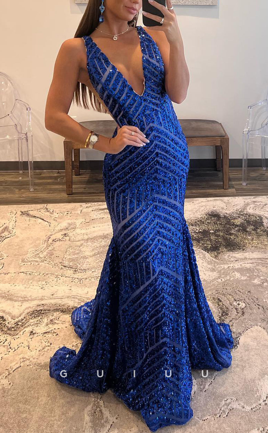 G2781 - Chic & Modern V-Neck Mermaid Sequins Blue Long Prom Evening Dress