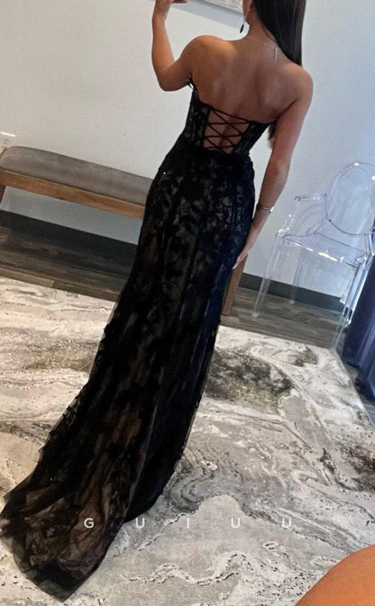 G2782 - Sexy Fitted Strapless Lace Applique Black Long Prom Evening Dress