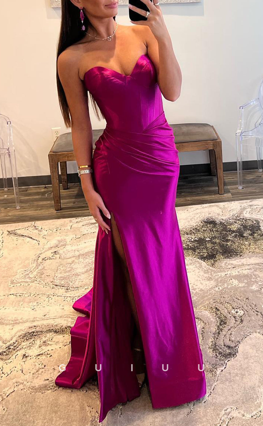 G2785 - Sexy & Fitted Strapless Ruched Satin Long Prom Evening Dress