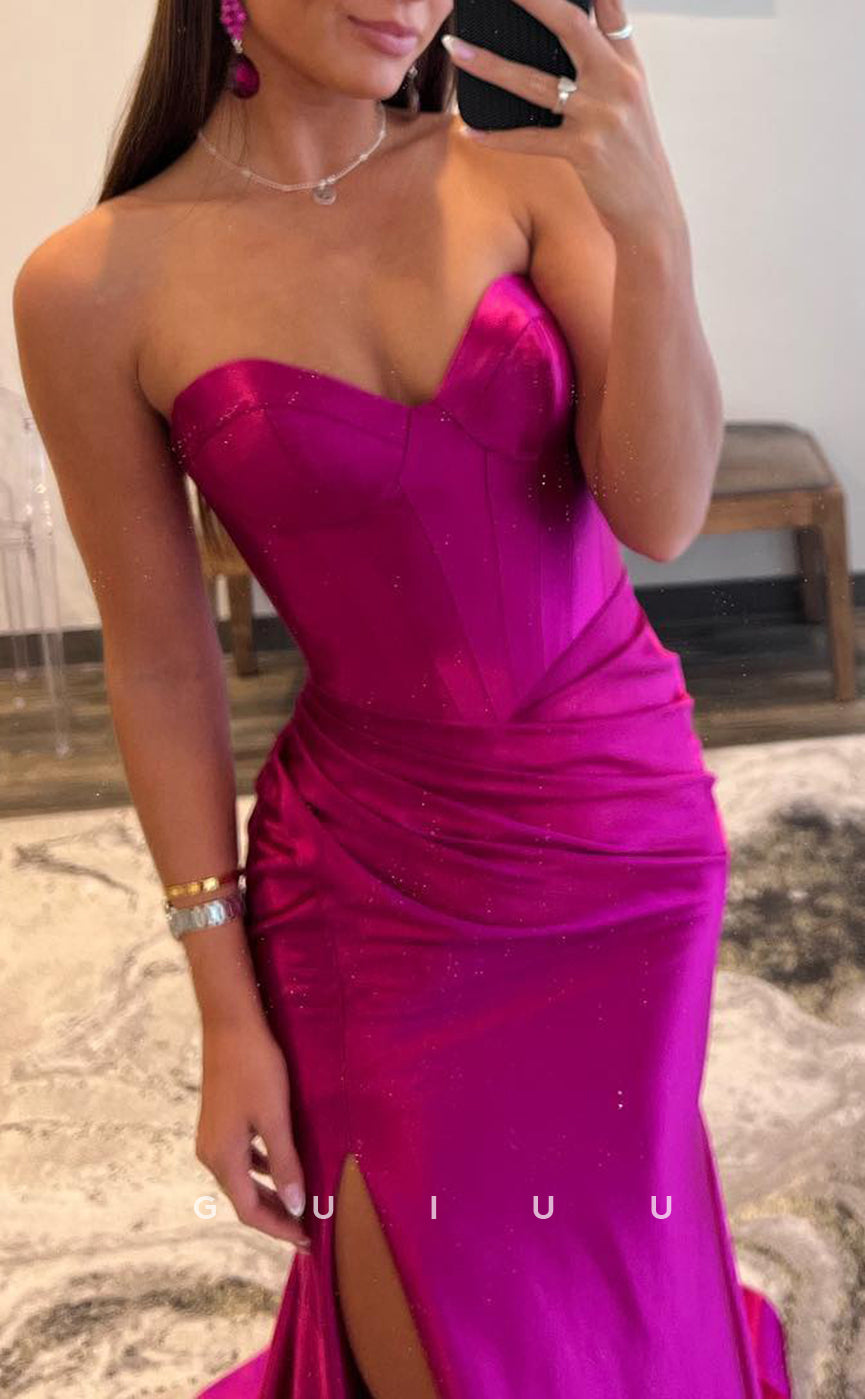 G2785 - Sexy & Fitted Strapless Ruched Satin Long Prom Evening Dress
