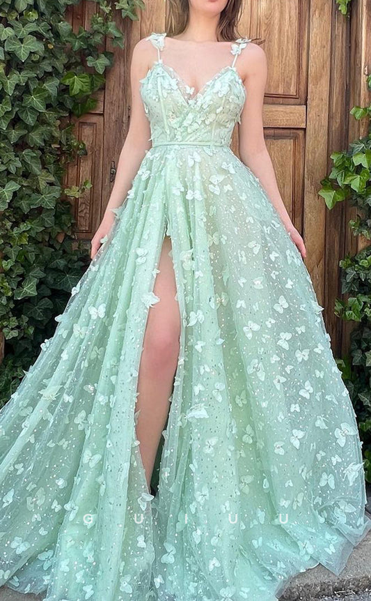 G2787 - Elegant A-Line V-Neck Sheer Floral Embossed Tulle Long Prom Evening Dress