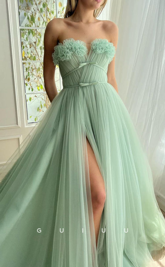G2788 - Chic & Modern A-Line Strapless Tulle Floral Embossed Long Prom Evening Dress