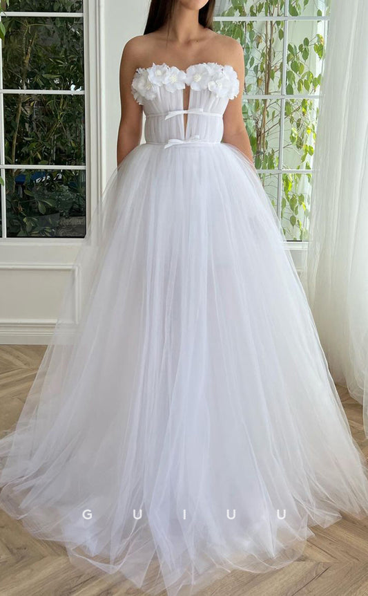 G2790 - A-Line V-Neck Floral Embossed White Tulle Long Prom Evening Dress
