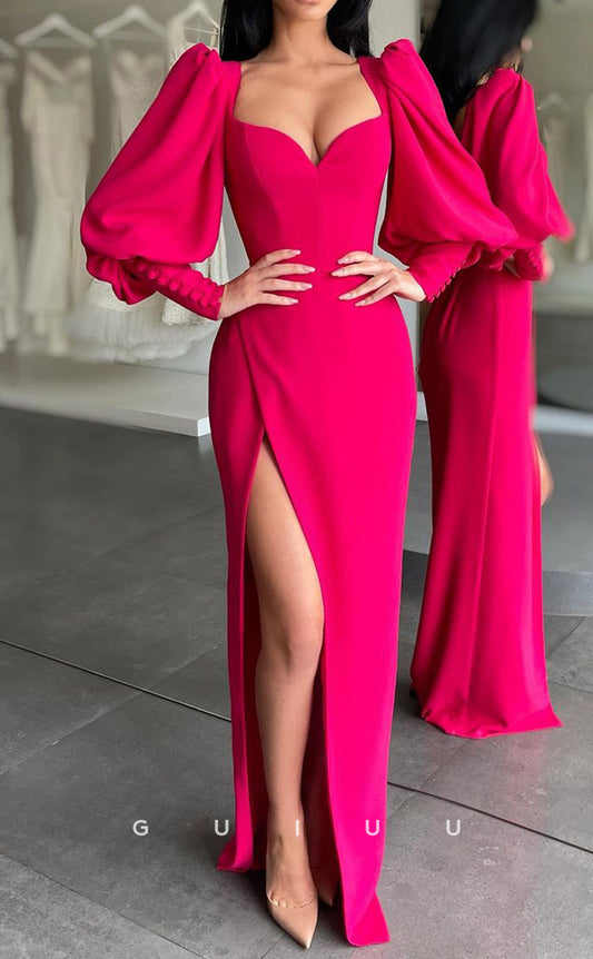 G2792 - Chic & Modern Sheath Puffy Sleeves Formal Prom Evening Dress With Slit
