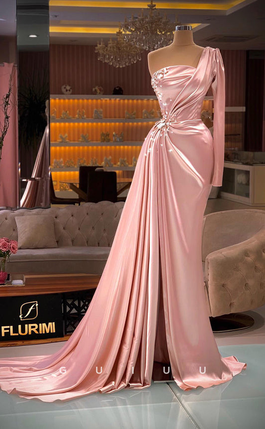 G2793 - Chic & Modern Beaded Satin Ruched Long Sleeves Formal Prom Evening Dress