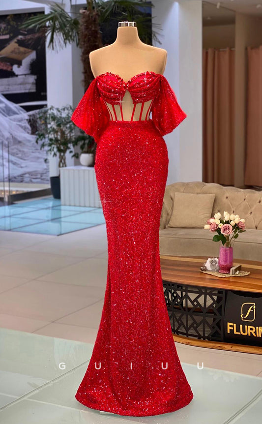 G2798 - Classic & Timeless Off-Shoulder Sequins Red Long Prom Evening Dress