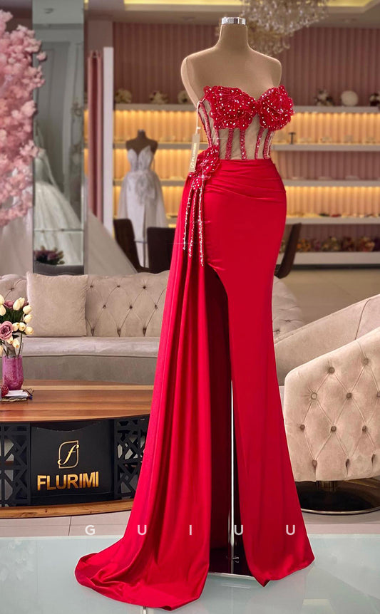 G2800 - Sexy & Fitted Strapless Illusion Floral Embossed Red Prom Evening Dress