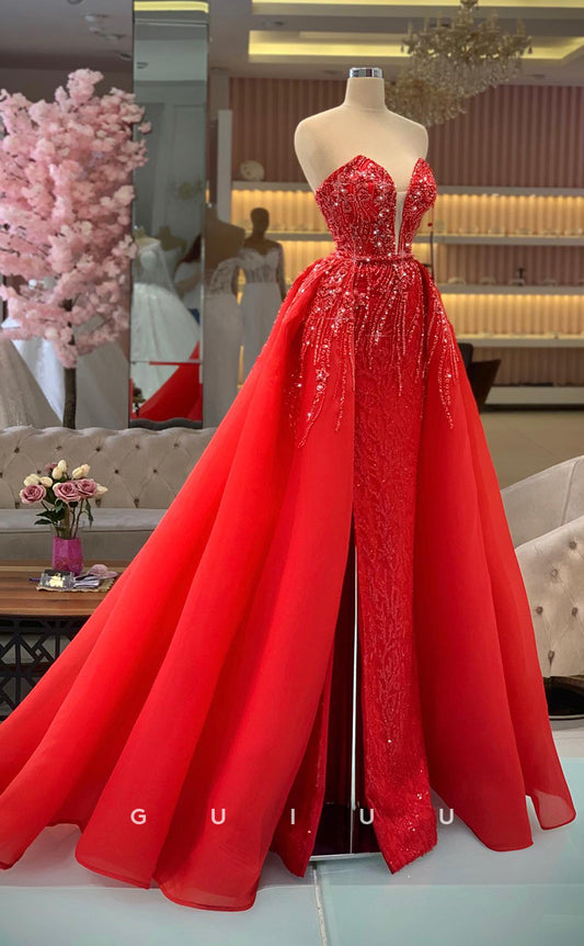 G2801 - Elegant & Luxurious A-Line V-Neck Sequins Strapless Long Prom Evening Dress