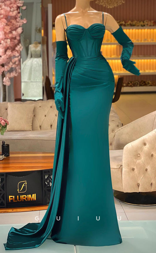 G2803 - Chic & Modern Sweetheart Straps Ruched Long Sleeves Prom Evening Dress