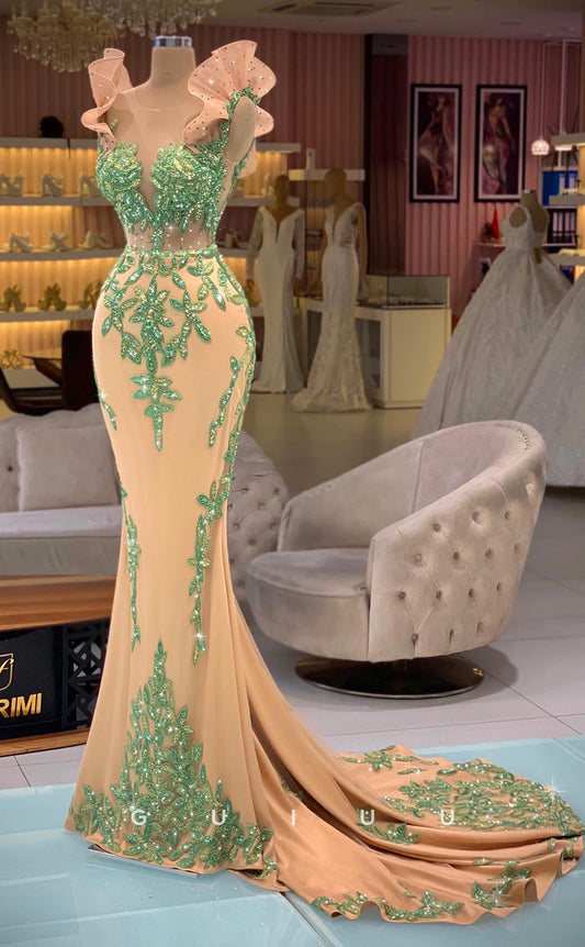 G2806 - Chic & Modern Mermaid V-Neck Applique Ruffles Straps Prom Evening Dress