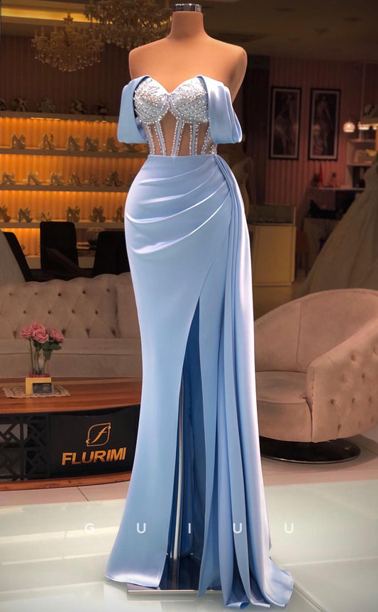 G2807 - Chic & Modern Off-Shoulder Beaded Sheer Ruched Long Prom Evening Dress