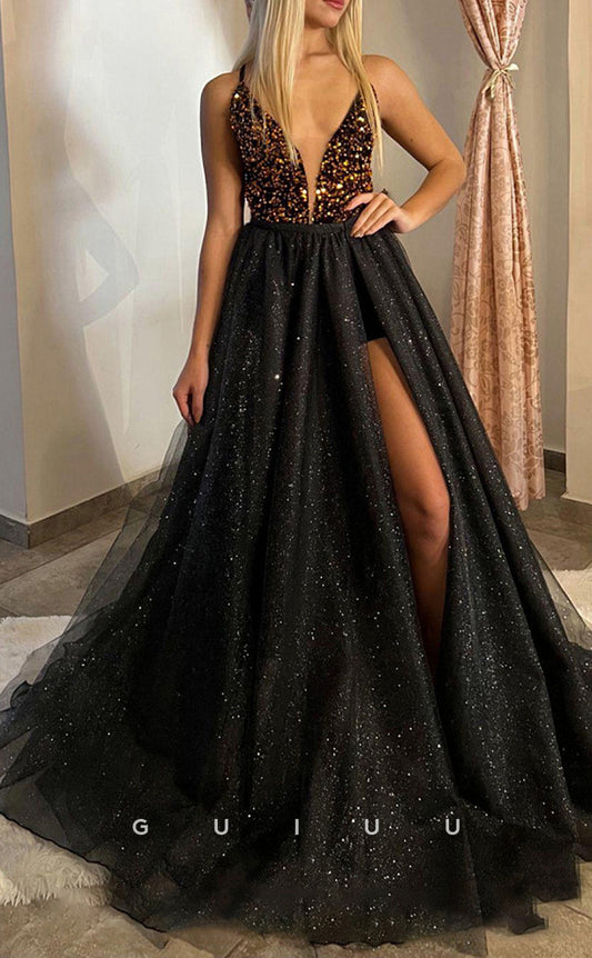 G2809 - A-Line Glitter V-Neck Straps Two Piece Tulle Prom Evening Dress