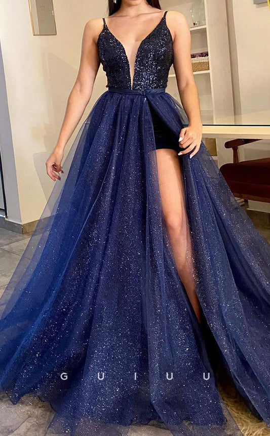 G2810 - Chic & Modern A-Line Glitter V-Neck Sequins Straps Long Prom Evening Dress