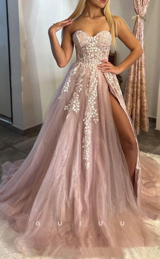 G2812 - Chic & Modern A-Line Glitter Strapless Applique Long Prom Evening Dress