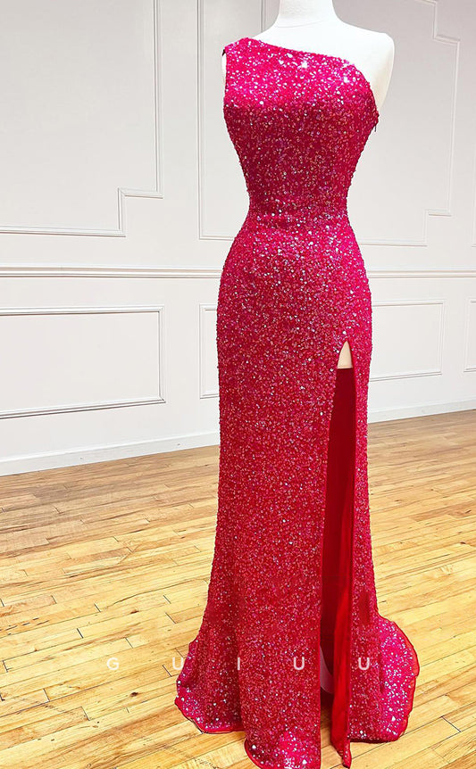 G2814 - One Shoulder Sequins Red Lace Up Prom Evening Dress With Slit