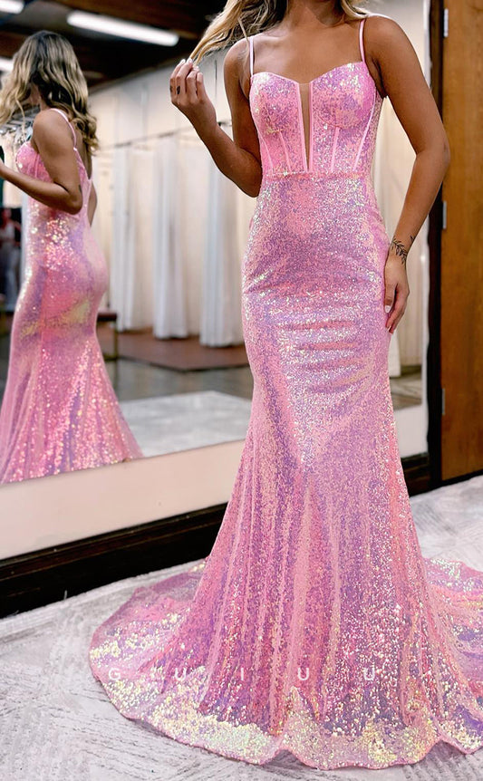 G2815 - Mermaid Sheath V-Neck Straps Sparkle Long Prom Evening Dress