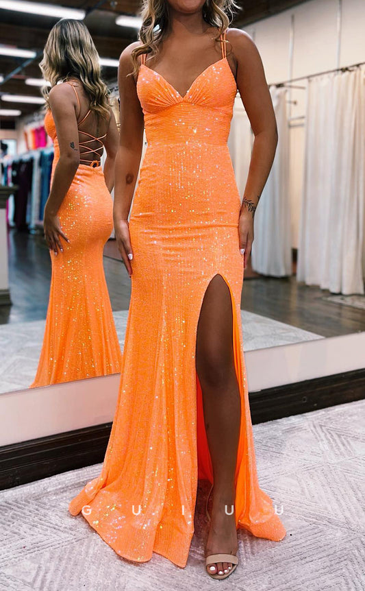 G2821 - Sheath Fitted Glitter V-Neck Spaghetti Straps Orange Prom Evening Dress