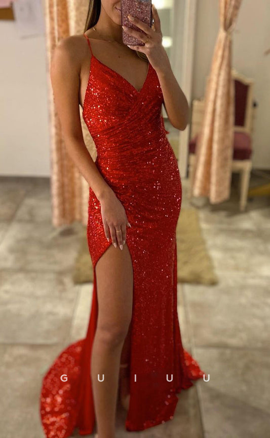 G2822 - Sexy & Fitted Glitter V-Neck Spaghetti Straps Red Prom Evening Dress