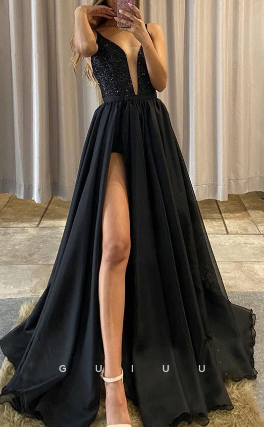 G2825 - A-Line Glitter V-Neck Two Piece Tulle Black Long Prom Evening Dress