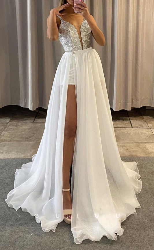G2826 - Chic & Modern A-Line V-Neck Spaghetti Straps Tulle Long Prom Evening Dress