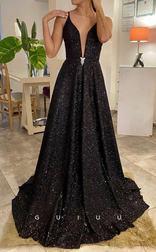 G2827 - Classic & Timeless V-Neck Sequins Straps Black Prom Evening Dress
