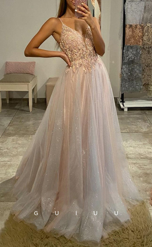 G2832 - Chic & Modern A-Line V-Neck Sequins Long Tulle Prom Evening Dress
