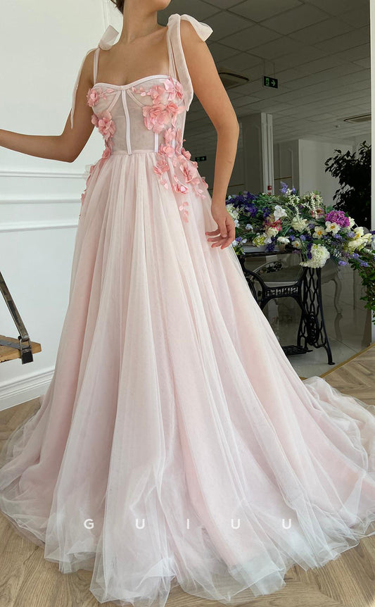 G2833 - A-Line Straps Sheer Floral Embellished Tulle Prom Evening Dress