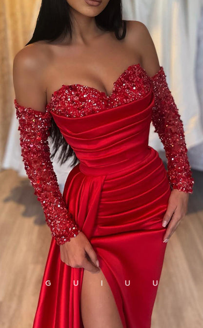 G2847 - Chic & Modern Sequins Sweetheart Off-Shoulder Red Prom Evening Dress