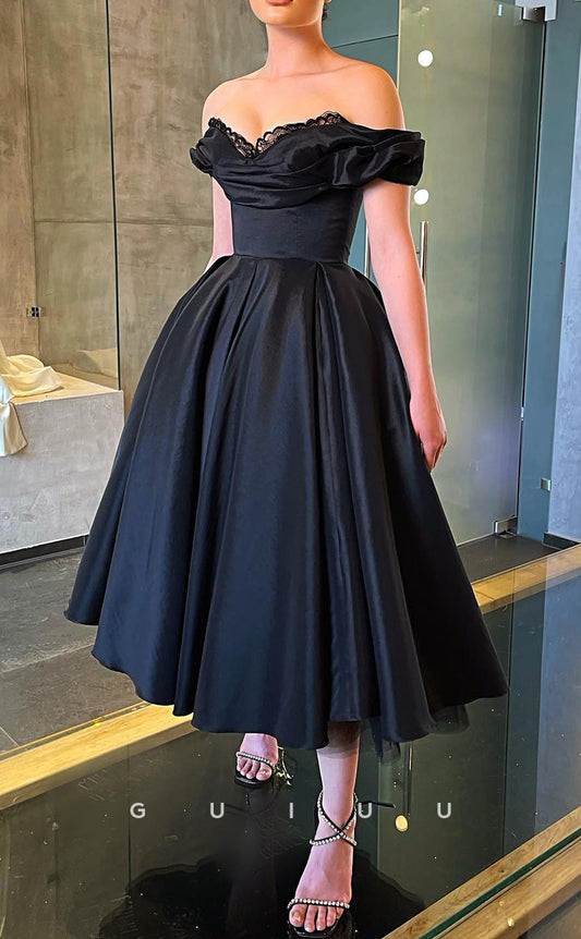 G2863 - Classic & Timeless A-Line Lace Off-Shoulder Satin Black Prom Evening Dress