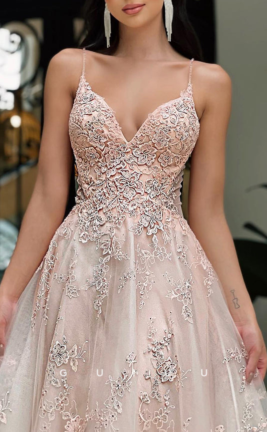 G2864 - Elegant & Luxurious V-Neck Straps Applique Tulle Pink Long Prom Evening Dress