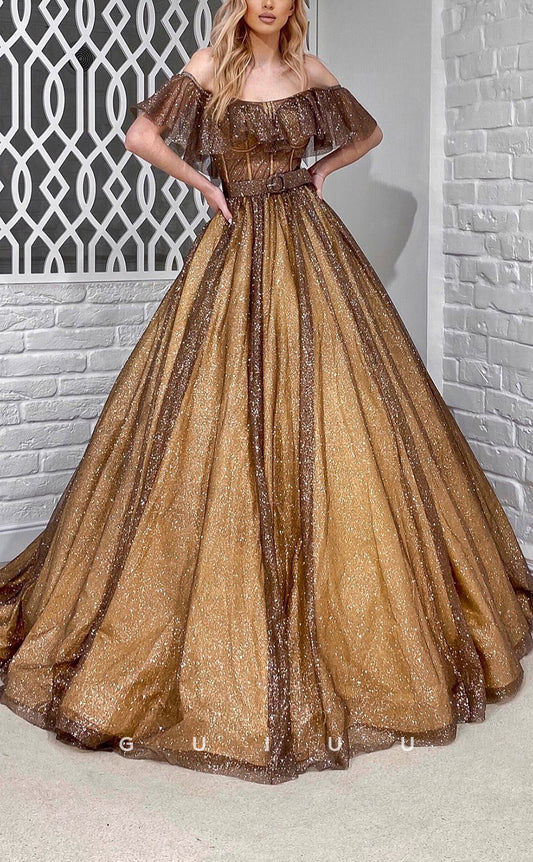 G2865 - Elegant & Luxurious Glitter A-Line Off-Shoulder Ball Gown Gold Prom Dress