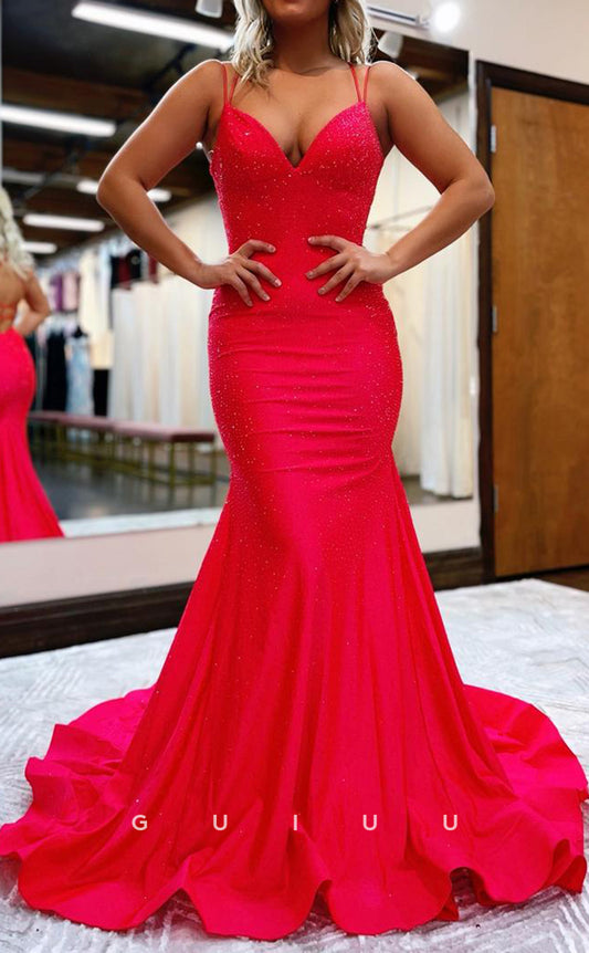 G2877 - Chic & Modern Mermaid V-Neck Simple Red Long Prom Formal Dress