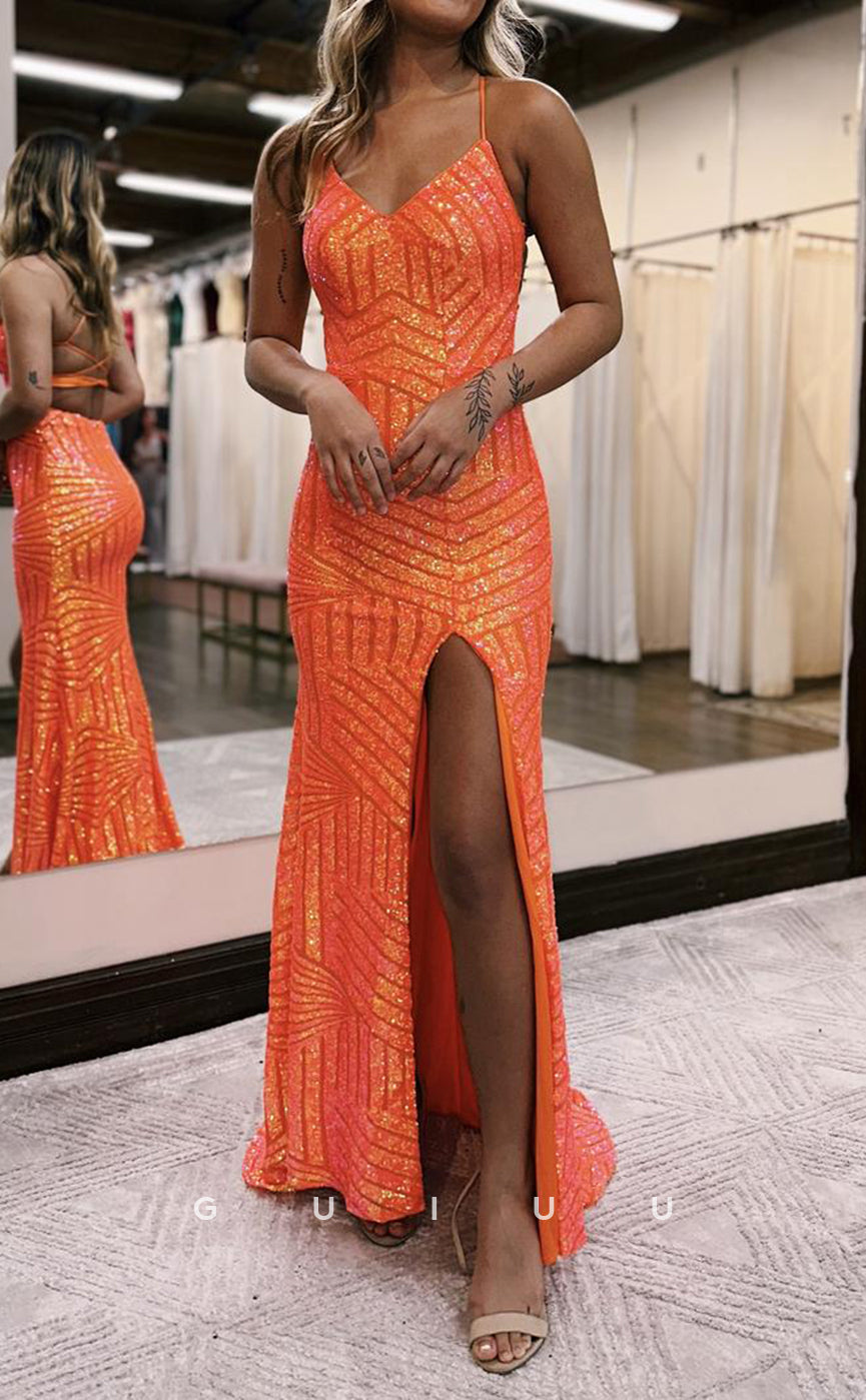 G2878 - Chic & Modern V-Neck Sequins Straps Orange Long Prom Formal Dress
