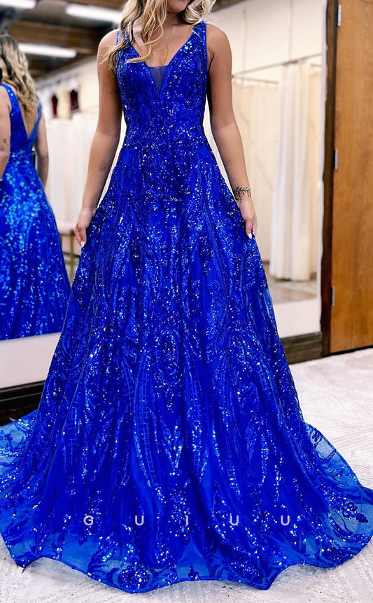 G2890 - Chic & Modern A-Line V-Neck Sequins Royal Blue Long Prom Formal Dress