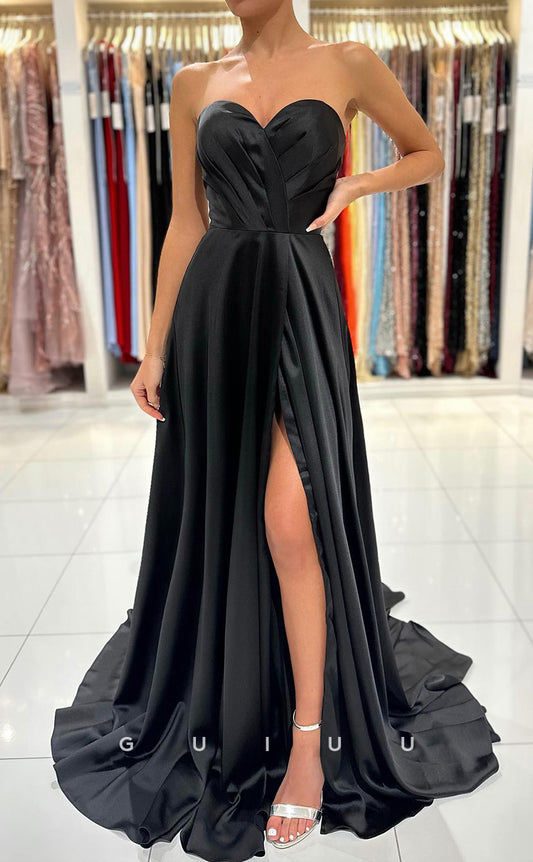 G2891 - Elegant Simple Strapless Pleats Satin Long Black Prom Formal Dress