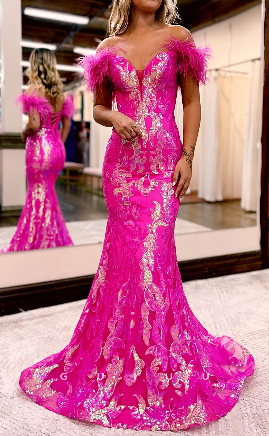 G2892 - Chic & Modern Off-Shoulder Sequins Feather Long Prom Formal Dress